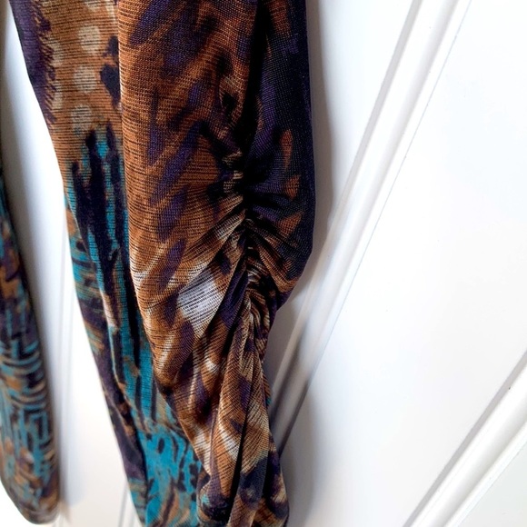 Cato BROWN TEAL BLACK COLOR LONG SLEEVE ROUND NECK BLOUSE RUCHED SLEEVES LARGE - Picture 9 of 10